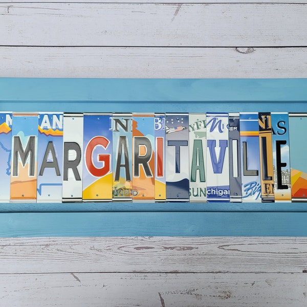 Margaritaville Decor Hand Crafted License Plate sign Wall Art Custom Color Wood Frame Jimmy Buffet