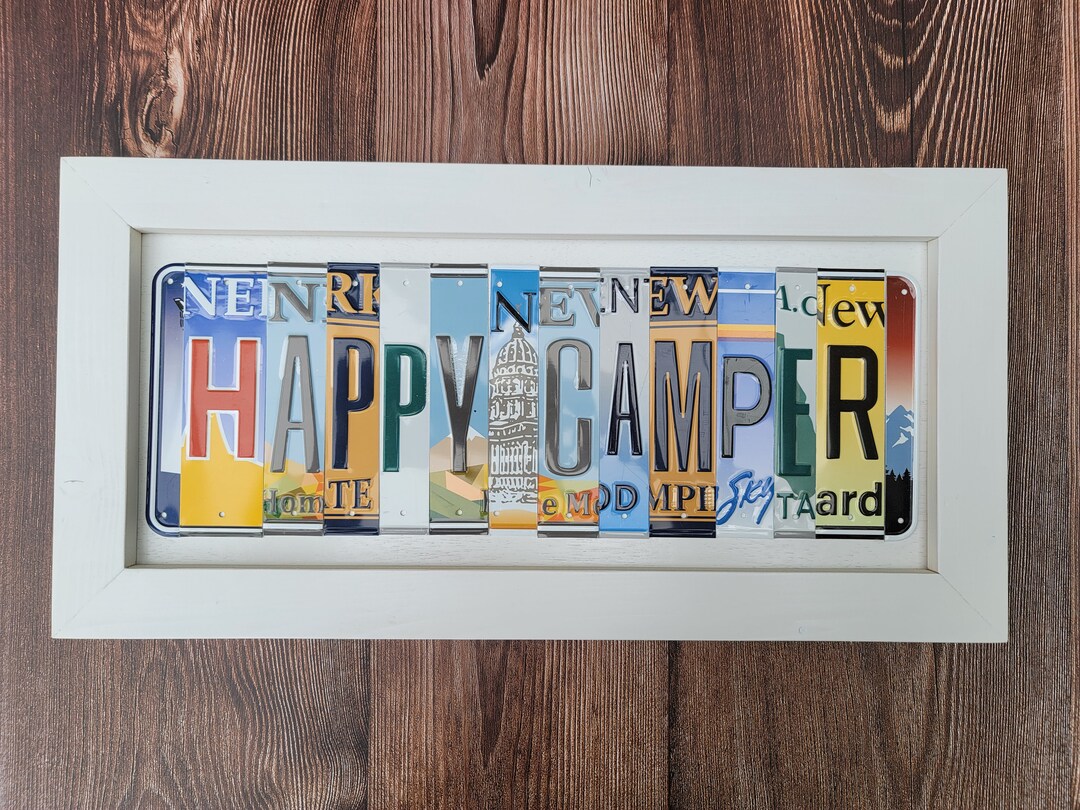 Hand Crafted Happy Camper License Plate Sign Wood Frame. Camper Wall