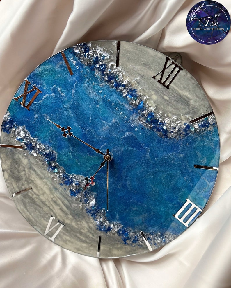 Blue & Silver Alcohol Ink Art Combined With Epoxy Resin Art Luxury Geode Handmade Wall Clock Etsy