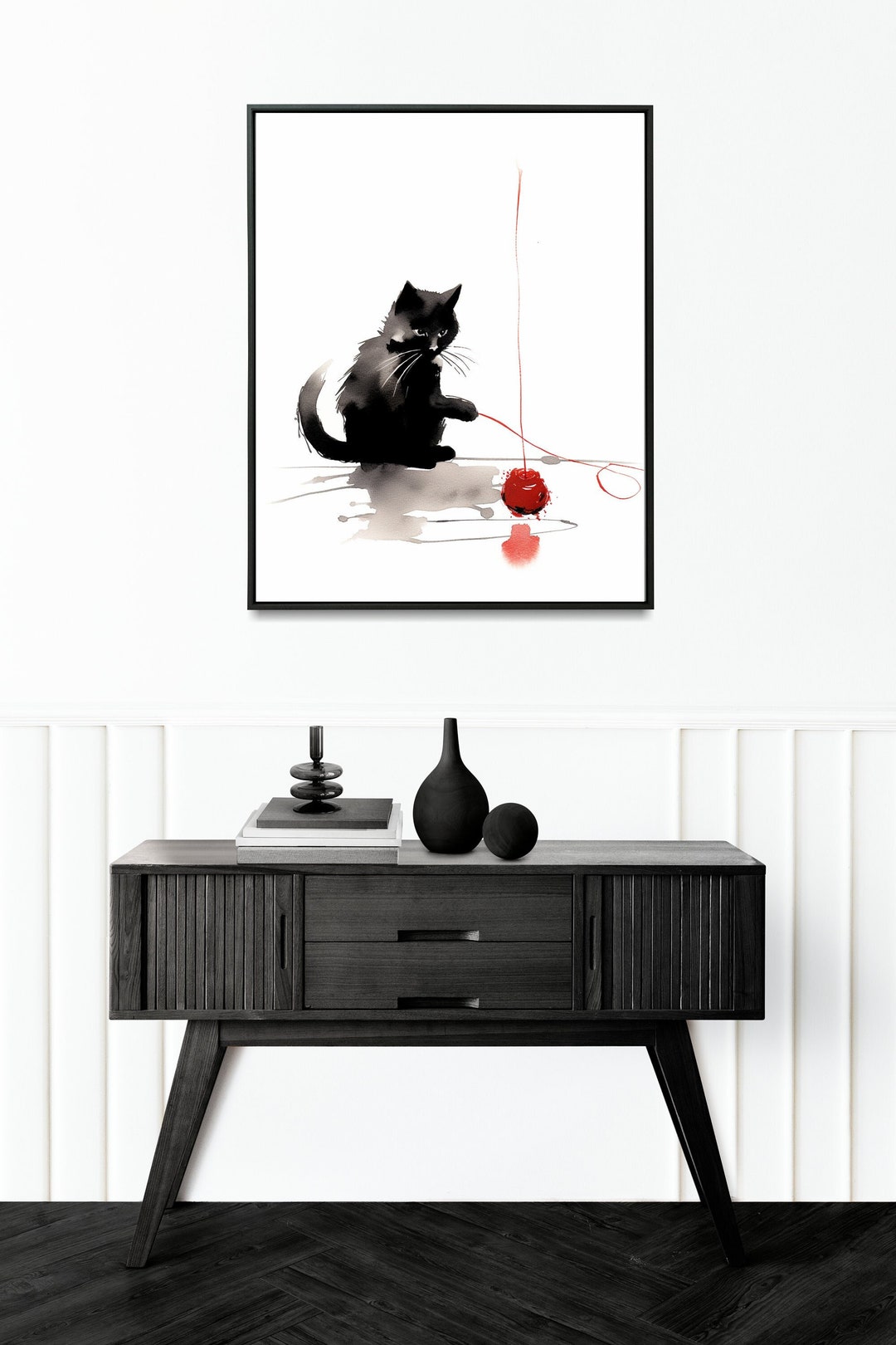 Black Cat Sumi-e Painting Playful Print Framed Wall Art Japanese Home ...