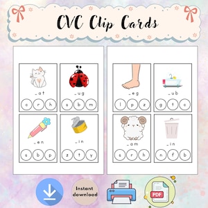 Phonics CVC Clip Cards Activity Printable, Sight words, Learn to read, beginning sounds, Flashcards.