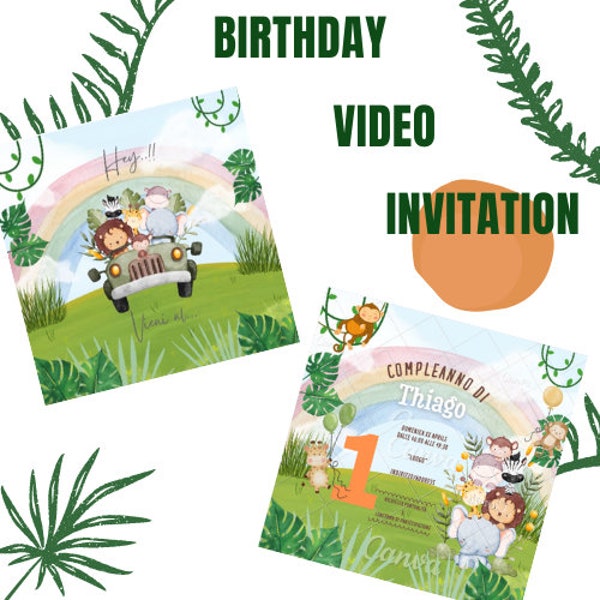 Invitación de cumpleaños digital personalizada, tema Safari, animales de la sabana/selva