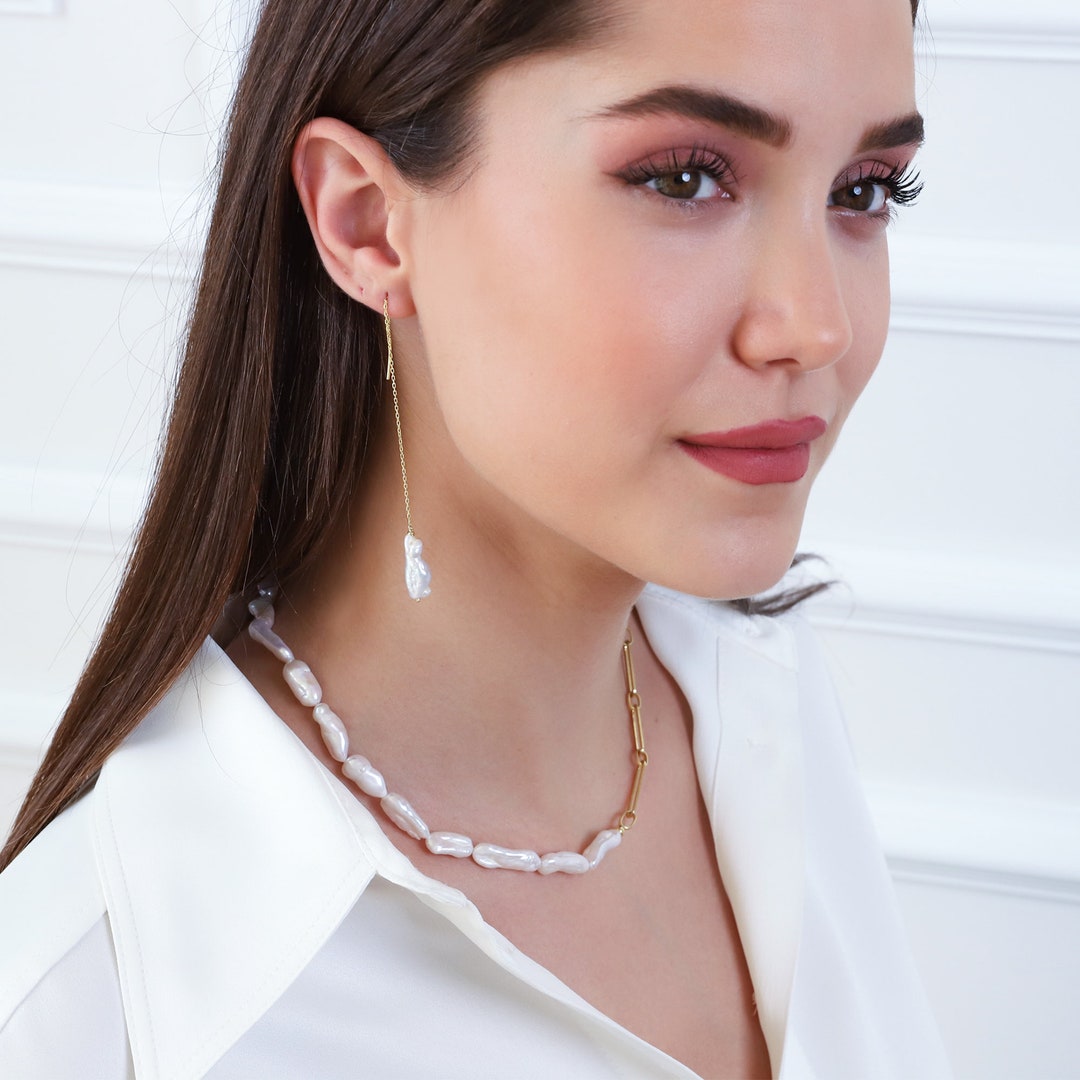 Baroque Pearl Paper Clip Chain Women Sterling Silver Necklace Etsy