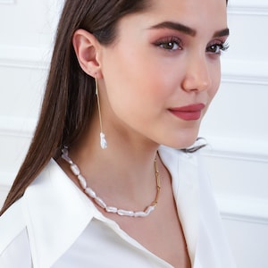 Baroque Pearl Paper Clip Chain Women Sterling Silver Necklace, Baroque Pearl Necklace For Girlfriend,Contemporary Jewelry