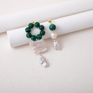 Green Malachite hoop and Pearl Combination dangling Earrings, Emerald Green Natural Stone Earrings,Genuine malachite ,Christmas Gift for her