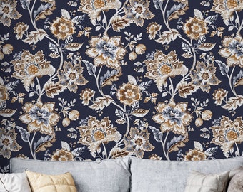 Gold and White Floral Pattern on Deep Blue Wallpaper, Blue and White Floral Wallpaper with Gold Details, Golden Garden on Dark Background