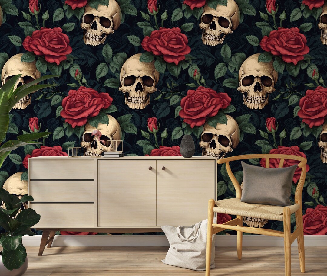 Skull and Rose Wallpaper, Floral Skull Pattern Wallpaper, Dark Artistic