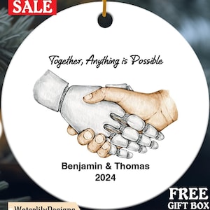 Bionic Arm Prosthetic Hand Personalized Christmas Ornament, Human and Robot Handshake Futuristic Technology Robotic AI Connection Sci-Fi