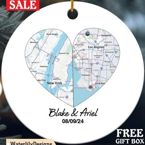 Personalized City Map Print Ornament for Long Distance Couples or Friends, Christmas Anniversary Engaged Married Mr Mrs Wedding Engagement