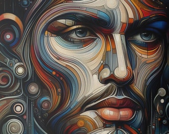 Pintura al óleo abstracta de rostro masculino, arte de retrato geométrico moderno