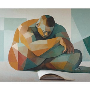 May include: A painting of a person sitting with their legs crossed, hunched over an open book. The person is depicted in a geometric style with shades of green, brown, and orange.