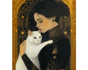 Impression de chat art déco : femme des années 1920 avec un chat blanc, style vintage