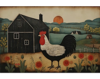 May include: A black barn with a rooster standing in front of it. The rooster has a red comb and wattle, white feathers on its neck and breast, and black feathers on its back and tail. The barn has a red roof and a white window. The background is a landscape with rolling hills and a setting sun.