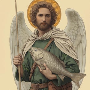 Puede incluir: Una pintura de un hombre con alas, sosteniendo un pez. Lleva una túnica verde y un cinturón marrón. Tiene un halo alrededor de la cabeza y sostiene un bastón en su otra mano.