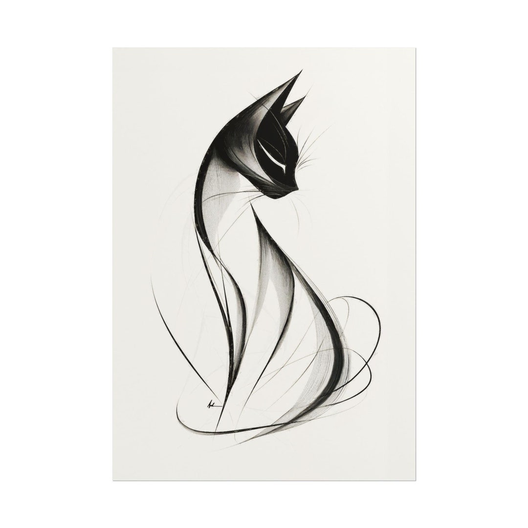 Minimalist Cat Sketch Art Print: Abstract Black and White Line Drawing ...