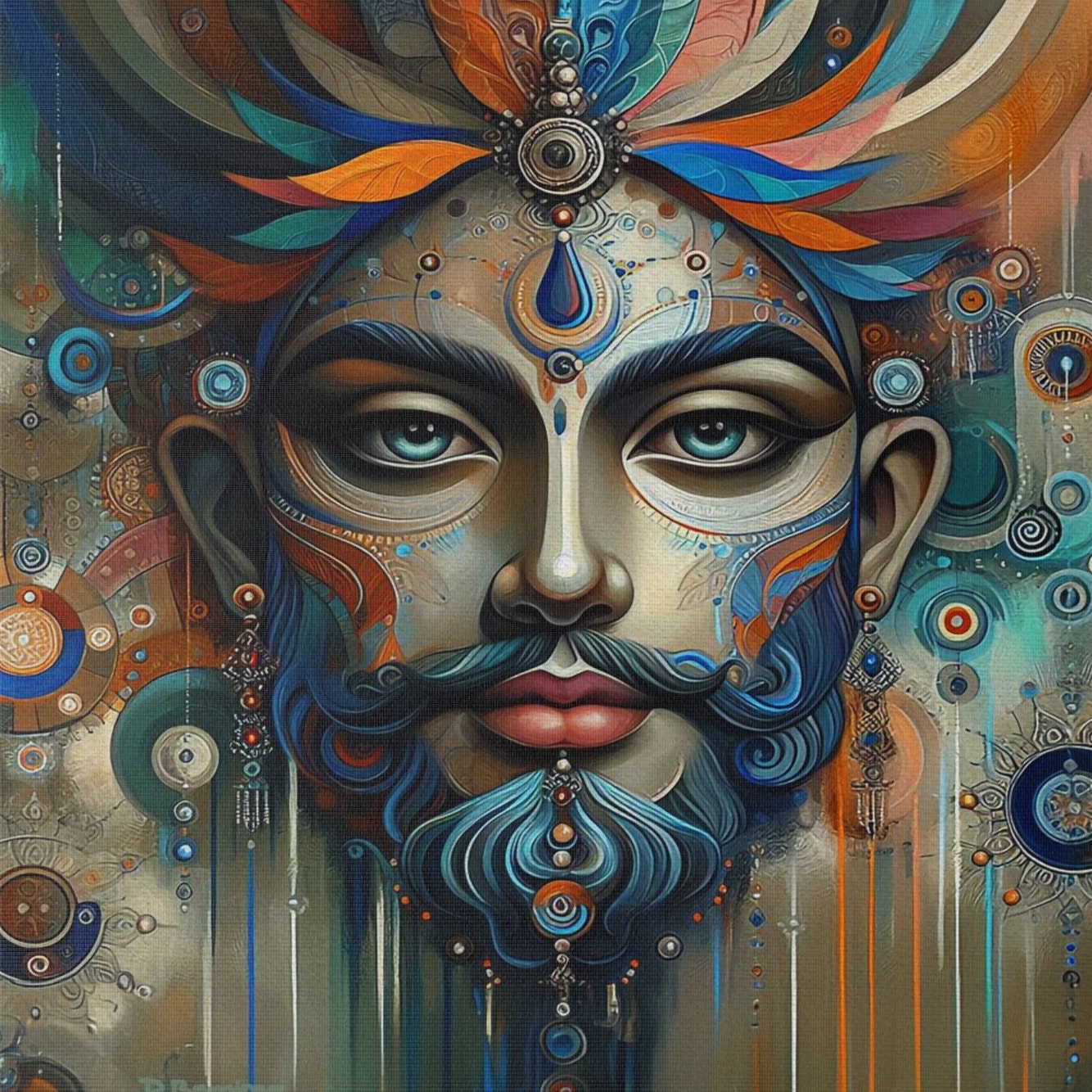 Fantacy Face Abstract Oil Painting on Canvas Indian Man Modern Art Home