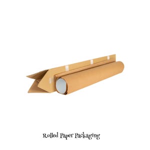 May include: A rolled paper package is secured with tape to a cardboard tube. The package is brown and the tube is white.