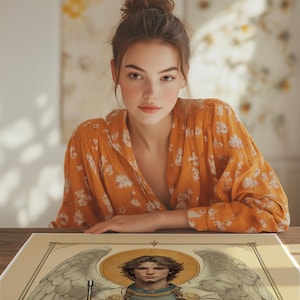May include: A print of a religious icon depicting an angel with wings, wearing armour and holding a sword. The angel has a halo and is surrounded by a golden background. A white lily is in the foreground.