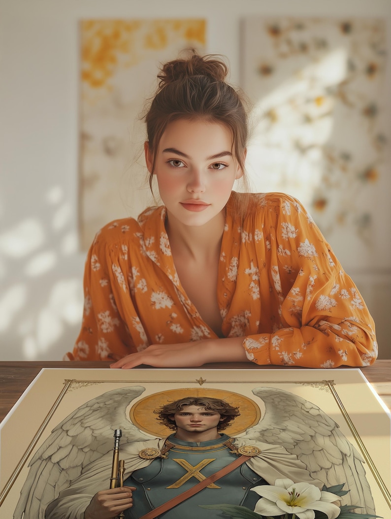 May include: A print of a religious icon depicting an angel with wings, wearing armour and holding a sword. The angel has a halo and is surrounded by a golden background. A white lily is in the foreground.