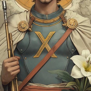 May include: A painting of a winged angel wearing gold and blue armour with a large golden X on the chest. The angel is holding a long, gold-coloured trumpet in their right hand. A white lily flower is in the foreground.