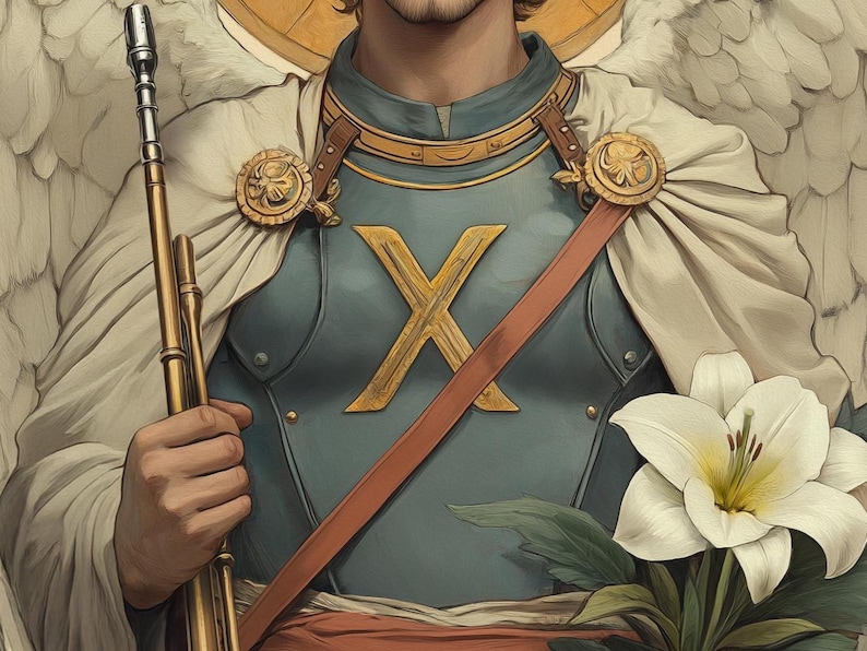 May include: A painting of a winged angel wearing gold and blue armour with a large golden X on the chest. The angel is holding a long, gold-coloured trumpet in their right hand. A white lily flower is in the foreground.