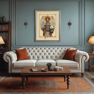 May include: A white sofa with two orange throw cushions sits in a living room with a framed painting of an angel holding flowers. The room has a blue wall, a wooden bookcase, and a brown leather armchair.
