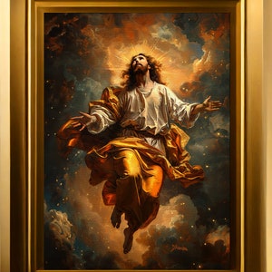 May include: A painting of Jesus Christ ascending into heaven, surrounded by clouds and stars. He is wearing a white robe and a golden sash, and his arms are outstretched. The painting is set against a dark blue background.
