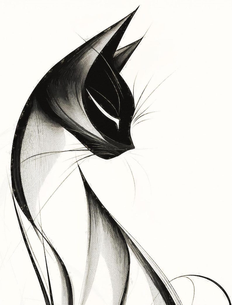 Minimalist Cat Sketch Art Print: Abstract Black and White Line Drawing ...