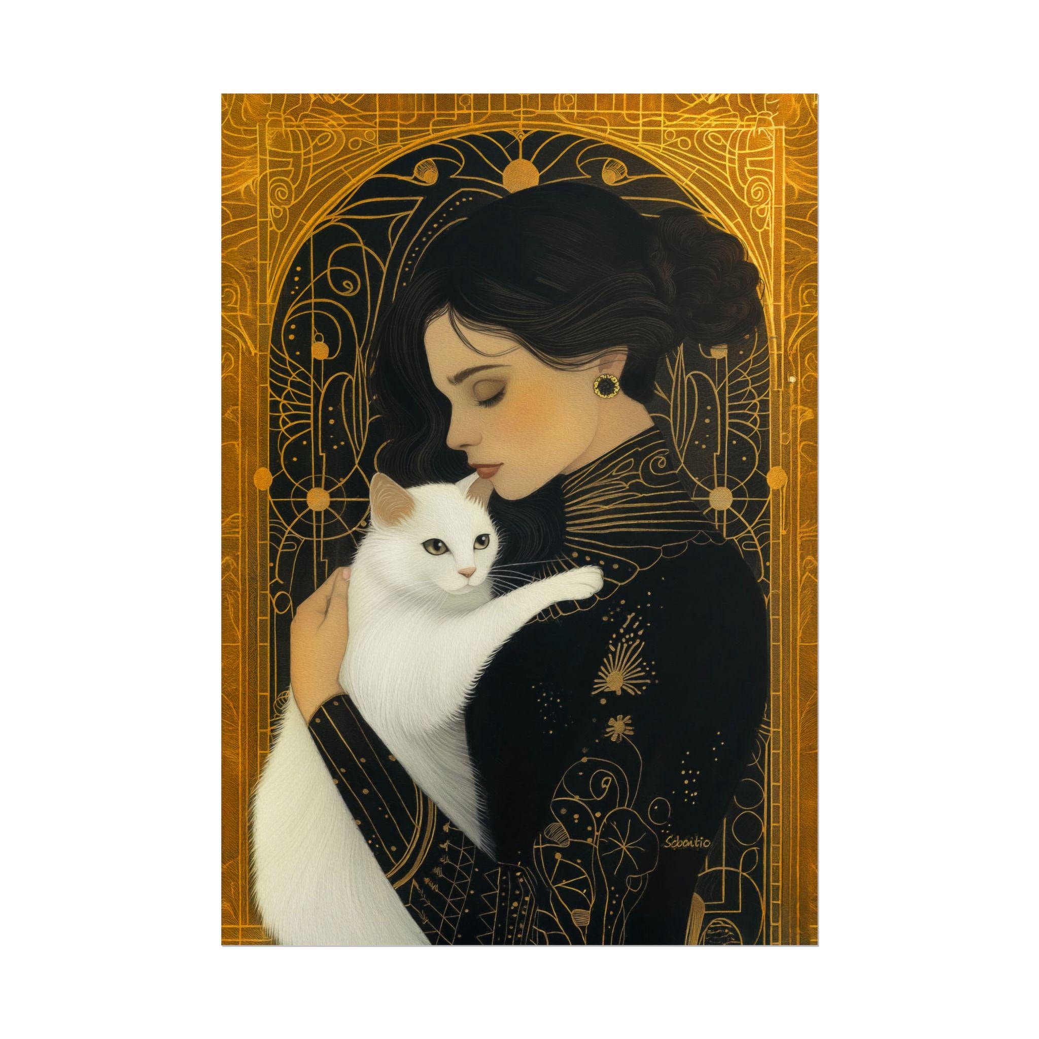 白猫　絵画　イラスト　ドローイング アールデコ調の猫の版画：1920年代の白猫を抱く女性、ヴィンテージ