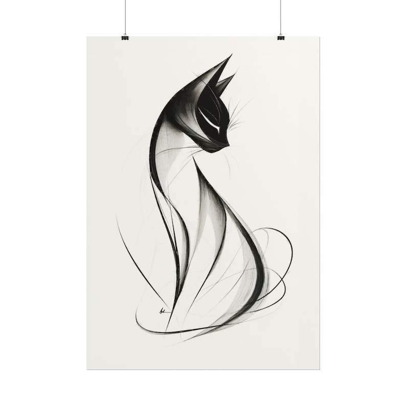 Minimalist Cat Sketch Art Print: Abstract Black and White Line Drawing ...