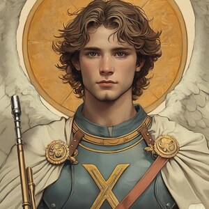 May include: A painting of a young man with long brown hair, wearing blue and gold armour with a large gold X on the chest. He is holding a long, thin, gold-coloured staff in his right hand. He has a halo behind his head and large white wings behind him.