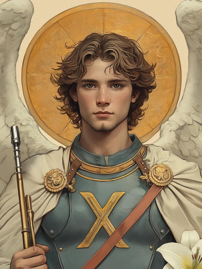 May include: A painting of a young man with long brown hair, wearing blue and gold armour with a large gold X on the chest. He is holding a long, thin, gold-coloured staff in his right hand. He has a halo behind his head and large white wings behind him.