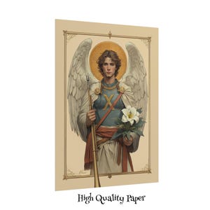 May include: A painting of an angel with white wings, holding a trumpet and a white flower. The angel is wearing blue and gold armour with a large 'X' on the chest. The background is a light beige with a gold frame.