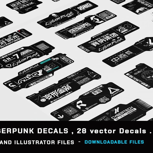 Digital Cyberpunk Decals , Vectors , labels and Futuristic Sci-fi Stickers  Vol-02
