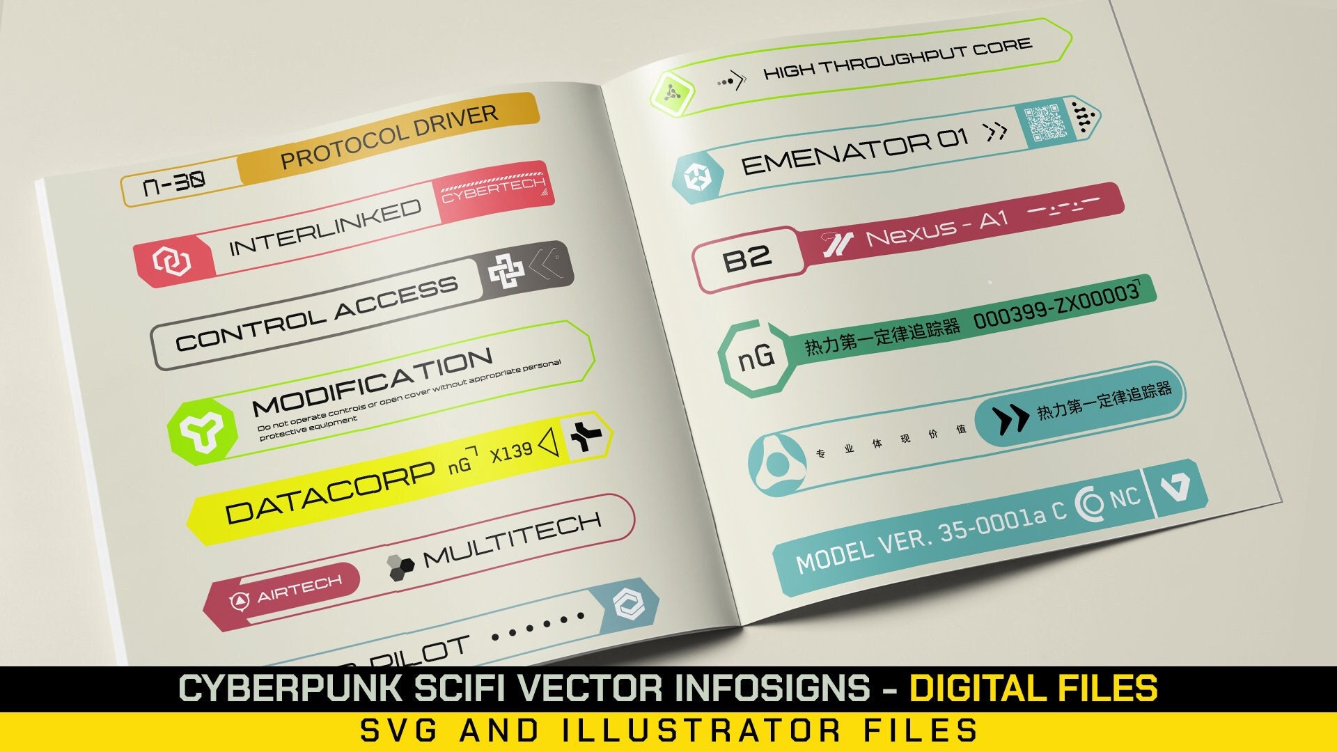 60 Cyberpunk Decals , Sci-fi info Decals , Futuristic Decals , Info signs , Vector