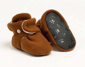 Handmade Brown Fleece Booties Non-Slip Adjustable Baby Shoes