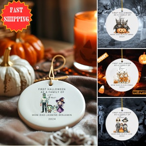 Family of Four Halloween Ornament, Family of 4, Family Ornament, Personalized Baby&#39;s First Halloween Ornament, First Halloween Ornament