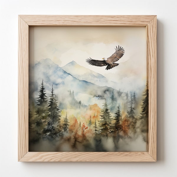 Vintage style artwork of a bald eagle over a mountain range