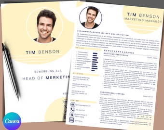 Bewerbungsvorlage, Lebenslaufvorlage, CV, Tabellarischer Lebenslauf - modern & leicht zu bearbeiten mit CANVA!,  Bewerbungsvorlagen Deutsch