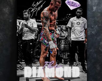 May include: Poster showing a mixed martial artist in a fighting stance, with tattoos and colourful shorts. The image includes the text "The Diamond" and a diamond graphic. Other people are in the background, and there is a signature in the upper left corner.