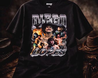 May include: Black t-shirt featuring a graphic of Diego Lopes with the text "DIEGO LOPES" in a vintage style. The shirt includes images of the UFC fighter and the "RAGED CO." logo.