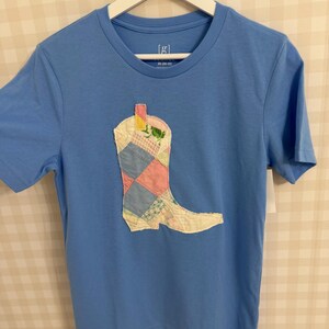 Geüpcycled quiltshirt – patchwork cowboylaars, blauw katoenen shirt, maat Small