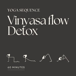 Könnte beinhalten: Eine schwarz-weiße grafische Illustration einer Yoga-Sequenz mit dem Titel "Vinyasa Flow Detox" und dem Text "60 Minuten" unter den Illustrationen. Die Sequenz umfasst vier Posen: Plank, Downward-Facing Dog, Upward-Facing Dog und Child's Pose.