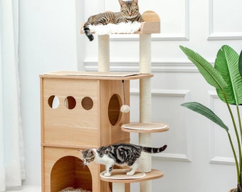 Wood Cat House Cat Modern Cat Tower House Tree Tower, Wood Cat Furniture Luxury Cat Tower Multi Level Cat Climbing, Wood Cat Condo