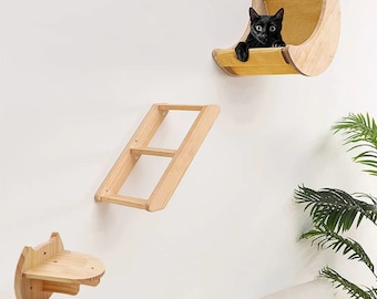 Wood Cat Climbing Wall Perch Wood Cat Bed Wall Mounted, Modern Cat House Wall Furniture Cat Shelf For Walls, Pet Sleeping Bed Natural Wood