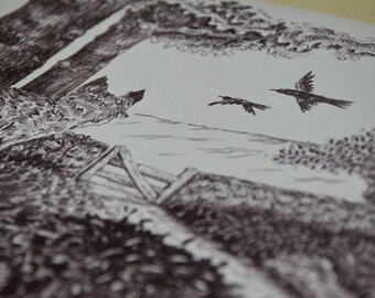 Les corbeaux, le renards et les insectes” - Impressions, 21x30 cm, illustration fait main à l’encre noir, forêt, animaux