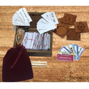Hebrew Pendulum COMPLETE box, almost 700 hard tags, wooden protection symbols, more than 100 color dowsing charts.