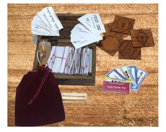Hebrew Pendulum COMPLETE box, almost 700 hard tags, wooden protection symbols, more than 100 color dowsing charts.