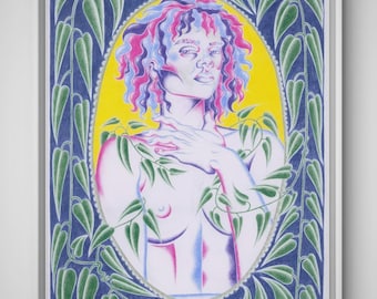 Illustration féminine mystique, impression Fine Art colorée, art mural féminin et floral, portrait psychédélique féministe