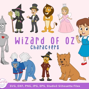 The Wizard of Oz SVG-clipartbundel - Dorothy Gale, tinnen man, laffe leeuw, goede heks, boze heks van het westen, Toto, vogelverschrikkerafbeeldingen
